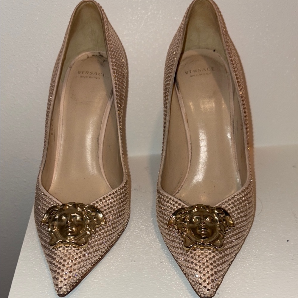Versace Tan and Gold Heels with Ornamental Detail